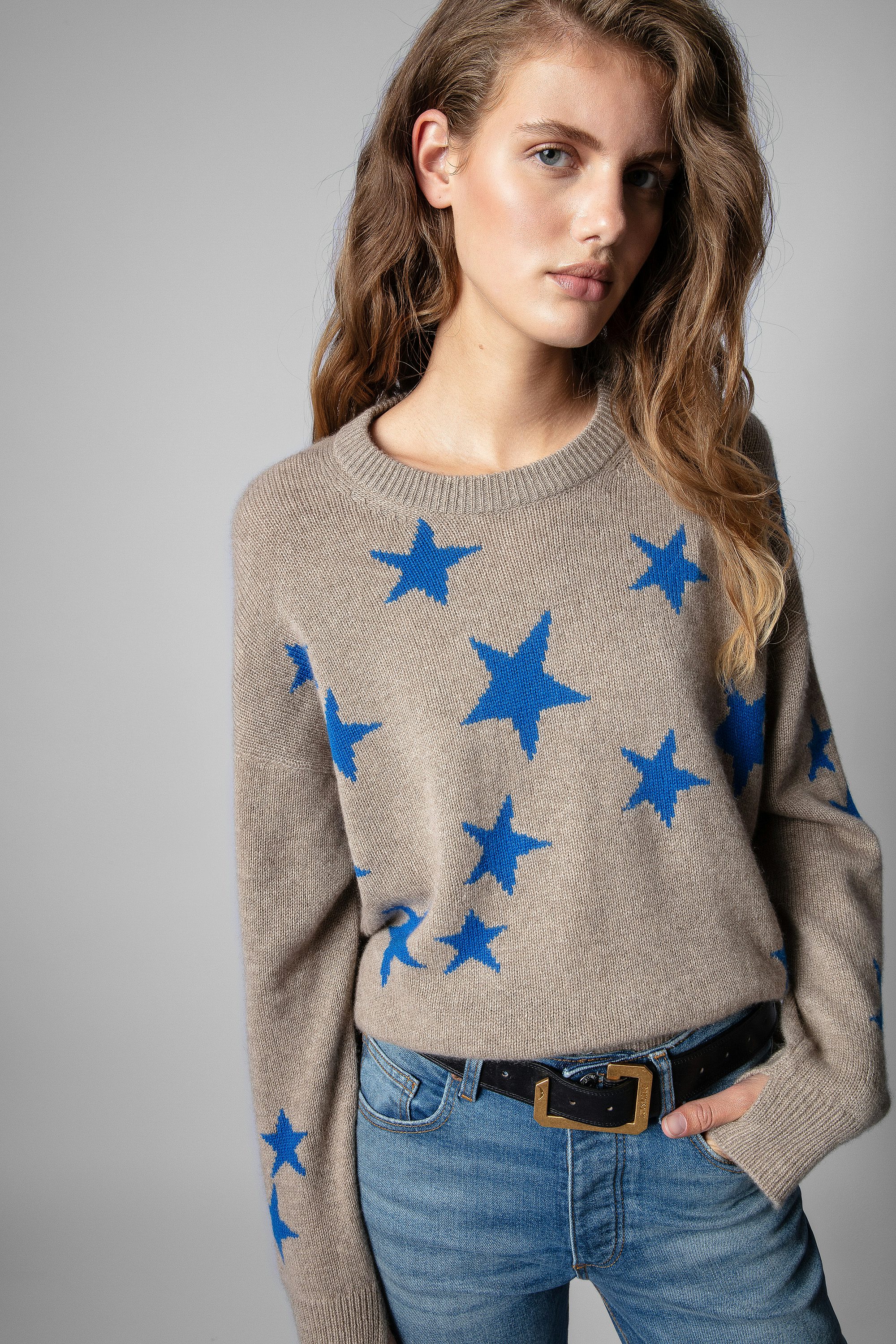 Markus Cashmere Sweater - Women's cappuccino cashmere sweater with star pattern